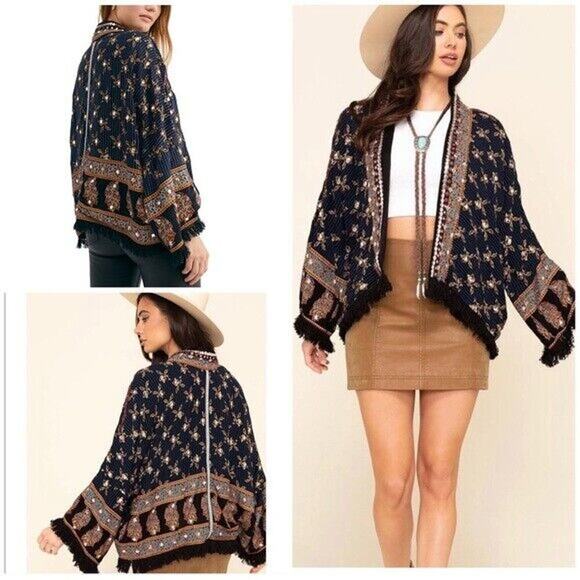 Free People Tops - Free People Womens Rays Of Light Embellished Fringe Hem Trim Floral Jacket Large